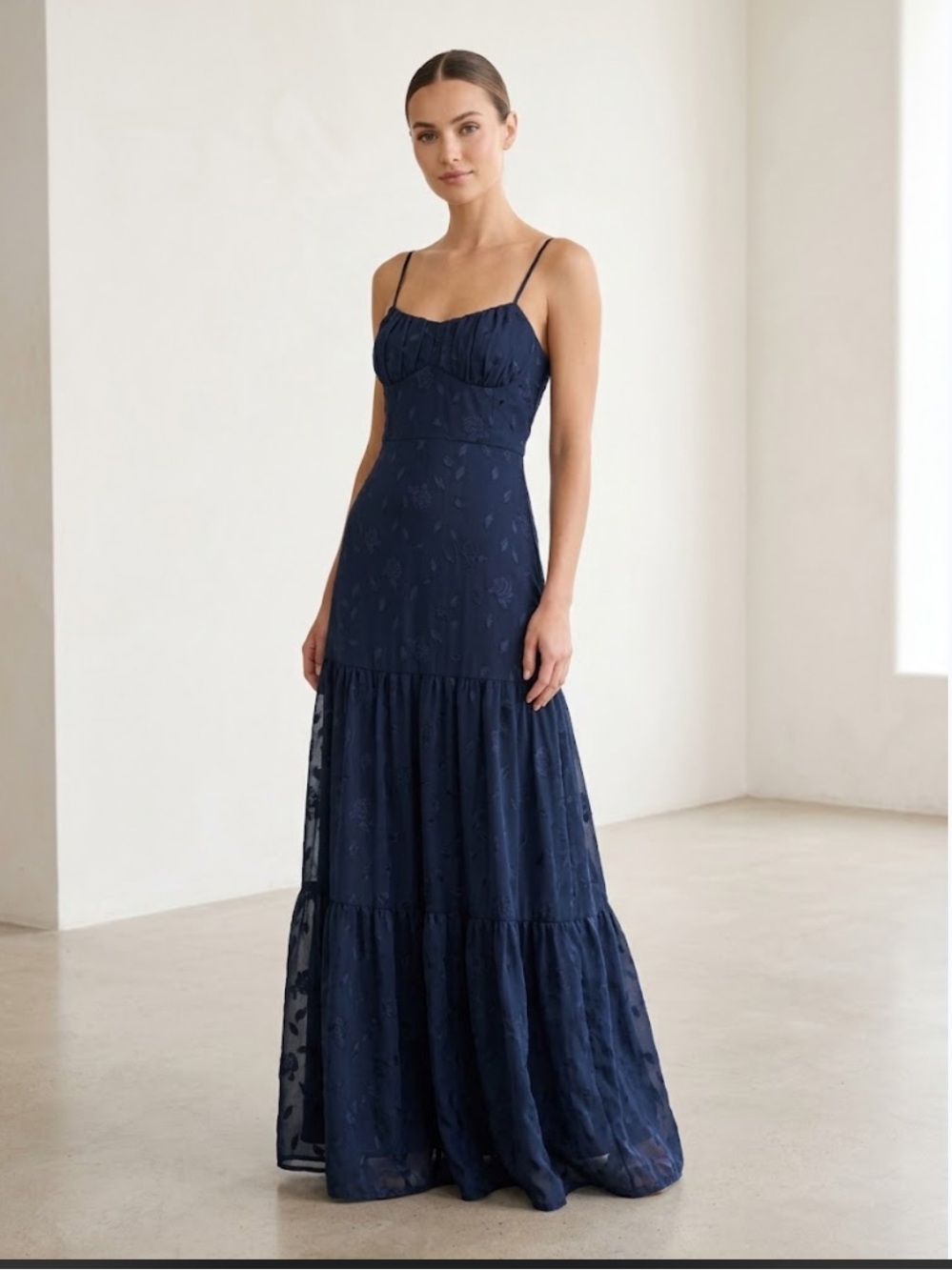 Lulus Poised Grace Navy Blue Burnout Floral Bustier Tiered Maxi Dress.